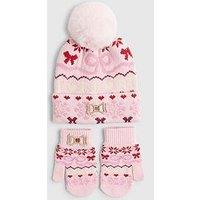 River Island Mini Girls Bow Fairisle Beanie Hat Set - Pink