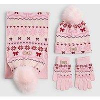 River Island Older Girls Bow Fairisle 3 Piece Beanie Bundle - Pink
