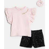 River Island Mini Mini Girls Little Princess 3 Piece Frill Sleeve Sequin Short Set - Pink