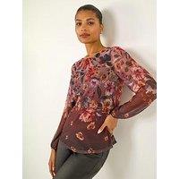 Roman Floral Print Mesh Top - Chocolate