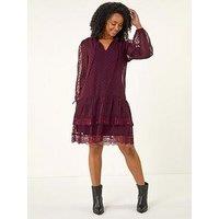 Roman Petite Frill Tie Front Lace Dress - Wine
