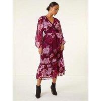 Roman Petite Floral Print Trim Midi Dress - Wine