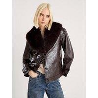River Island Fur Collar Blazer Pu - Brown