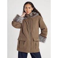 River Island Fur Cuff Utility Jacket - Khaki