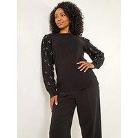 Roman Petite Faux Pearl Contrast Cable Knit Jumper - Black