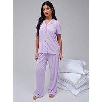 Loungeable Super Soft Jersey Rib Traditional Short Sleeve Long Pant Set - Lilac - Purple