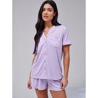 Loungeable Super Soft Jersey Rib Traditional Short Sleeve Short Set - Lilac - Purple