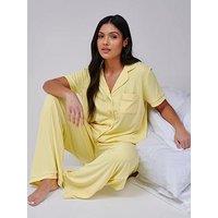Loungeable Super Soft Jersey Rib Traditional Short Sleeve Long Pant Set - Yellow