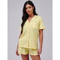 Loungeable Super Soft Jersey Rib Traditional Short Sleeve Short Set - Yellow