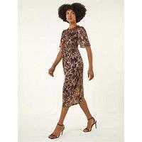 Roman Foil Print Twist Front Midi Dress - Bronze