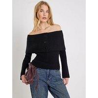 River Island Long Sleeve Button Bardot Jumper - Black