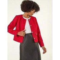 Roman Collarless Buttoned Boucle Jacket - Red