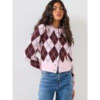 Vero Moda Halo Long Sleeve O-Neck Argyle Cardigan - Pink
