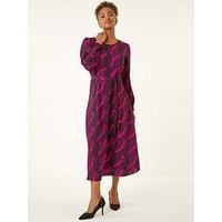 Roman Abstract Feather Shirred Midi Dress - Pink
