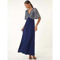 Roman Sequin Flutter Sleeve Midi Dress - Navy