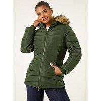 Roman Faux Fur Hooded Quilt Coat - Khaki