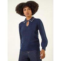 Roman Faux Pearl Collared Keyhole Knit Jumper - Navy