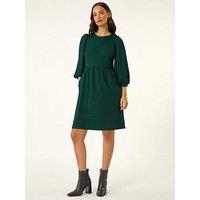 Roman Dusk Textured Blouson Puff Sleeve Dress - Teal
