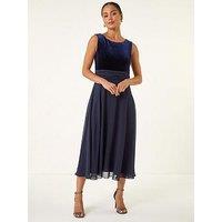Roman Petite Velvet Bodice Midi Dress - Midnight Blue