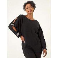 Roman Petite Bow Trim Sleeve Knit Jumper - Black