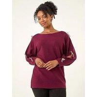 Roman Petite Bow Trim Sleeve Knit Jumper - Wine