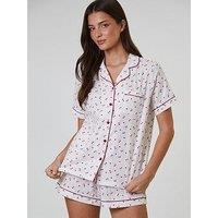 Loungeable Cherry Printed Dobby Short Sleeve And Short Set - White
