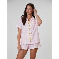Loungeable Checked Bow Detail Short Sleeve And Short Set - Pink