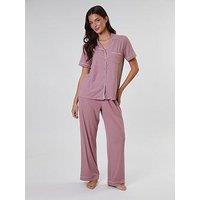 Loungeable Rib Short Sleeve Shirt And Long Trouser Pyjama Set- Pink