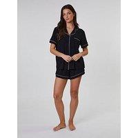 Loungeable Rib Short Sleeve Traditional Shirt And Shorts Set - Black