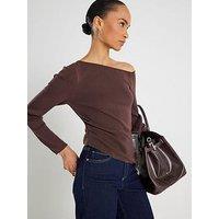 River Island Long Sleeve Fitted Off The Shoulder Top - Brown
