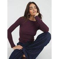 River Island Long Sleeve Scallop Trim Tee - Red