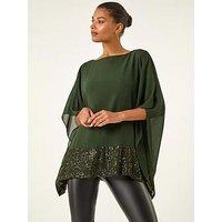 Roman Sequin Hem Contrast Tunic Top - Dark Green
