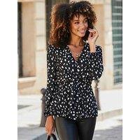 Sosandar Spot Print Tie Front Plisse Top - Black