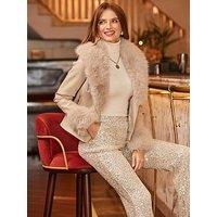 Sosandar Faux Leather Biker Jacket With Faux Fur Trim - Beige