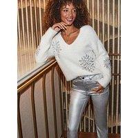 Sosandar Ivory Fluffy Knit Sequin Snowflake Jumper - Cream