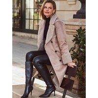 Sosandar Stone Faux Suede & Shearling Double Breasted Coat - Beige