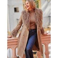 Sosandar Taupe Luxe Faux Suede & Fur Afghan Coat - Beige