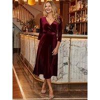 Sosandar Burgundy Velvet Belted Fit & Flare Wrap Dress - Red