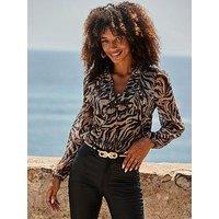 Sosandar Animal Print Metallic Thread Tie Neck Blouse - Brown