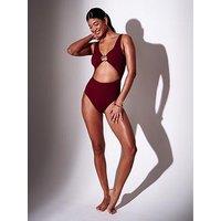 South Beach Crinkle Shell Decal Cut-Out Swimsuit - Burgundy