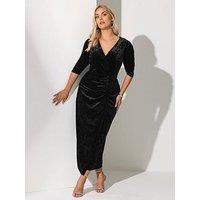 Yours Curve Velvet Wrap Gathered Dress - Black