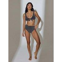 South Beach Textured Polka Dot High Waisted Bikini Bottoms With Tummy Control Support - Black