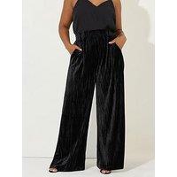 Yours Curve Crushed Velour Wide Leg Trouser - Black