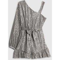 River Island Older Girls Sequin One Shoulder Playsuit - Silver