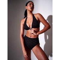 South Beach Sunburst Metallic Crinkle Decal Halterneck Bikini Top - Black