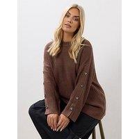 Yours Curve Button Sleeve Jumper - Brown