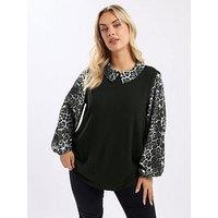 Yours Curve Leopard Print Brushed Top - Black