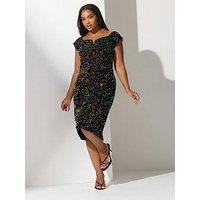 Yours Curve Sequin Velvet Bardot Dress - Black
