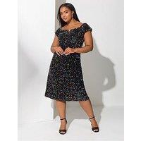Yours Curve Sequin Velvet Bardot Dress - Black