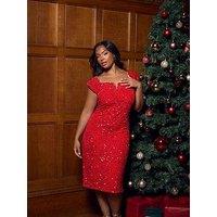 Yours Curve Sequin Velvet Bardot Dress - Red